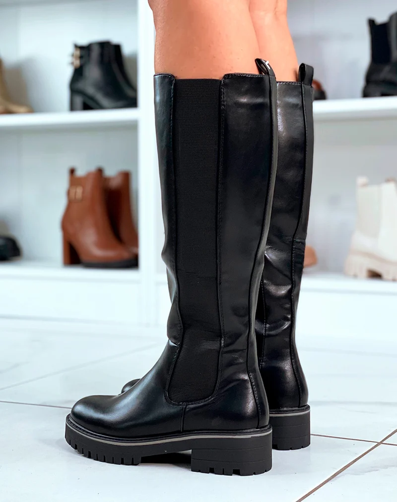 Bottes noires style chelsea montantes bi-matière a bout rond