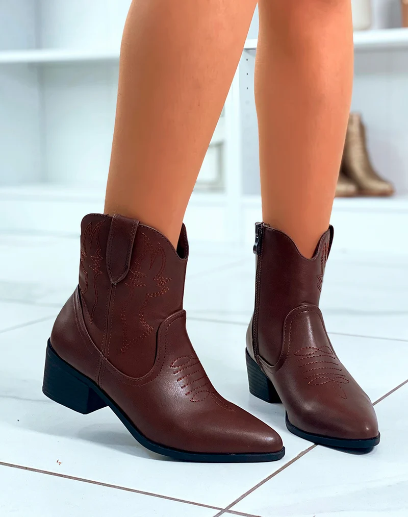 BOTTINES STYLE SANTIAG MARRON POUR FEMME