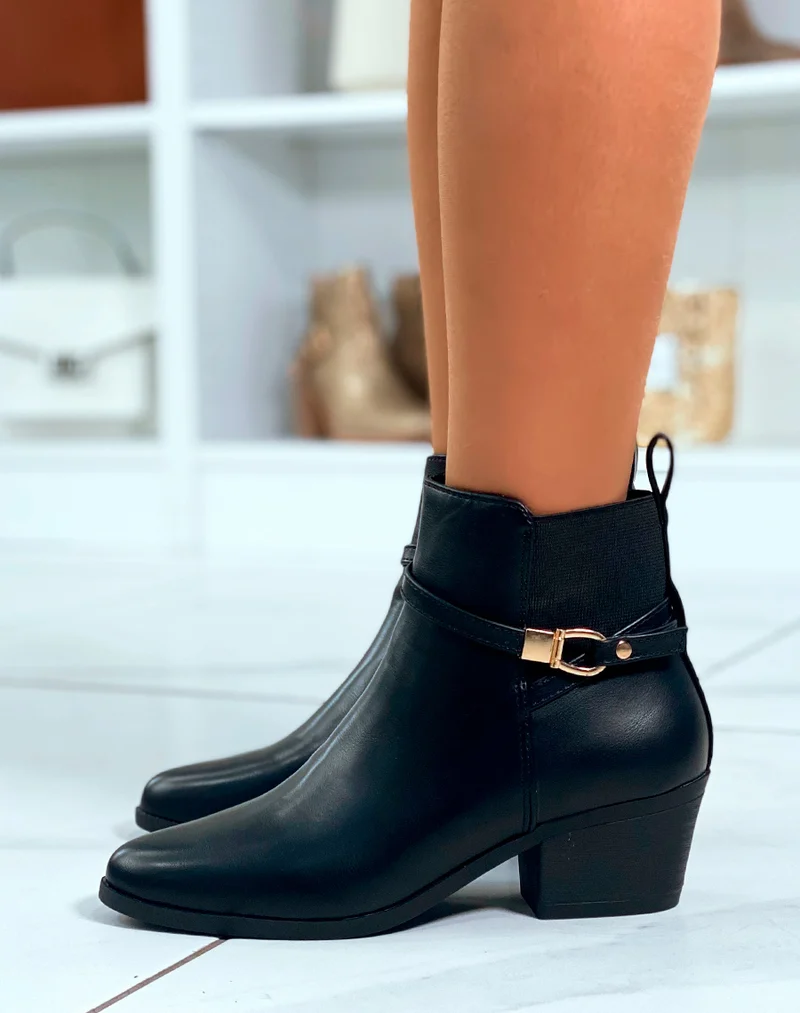 BOTTINES BI-MATIÈRE NOIRES À TALONS MOYEN