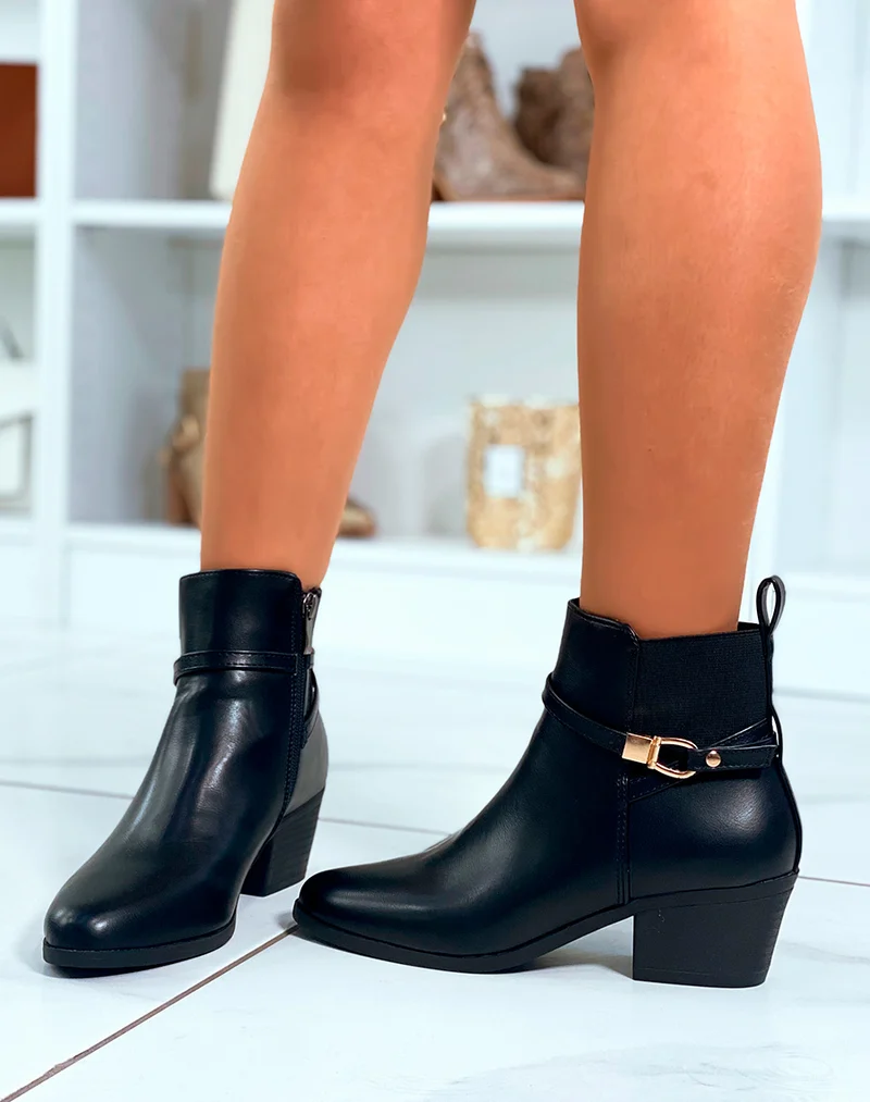 BOTTINES BI-MATIÈRE NOIRES À TALONS MOYEN