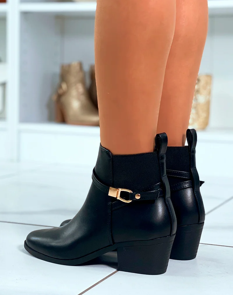 BOTTINES BI-MATIÈRE NOIRES À TALONS MOYEN