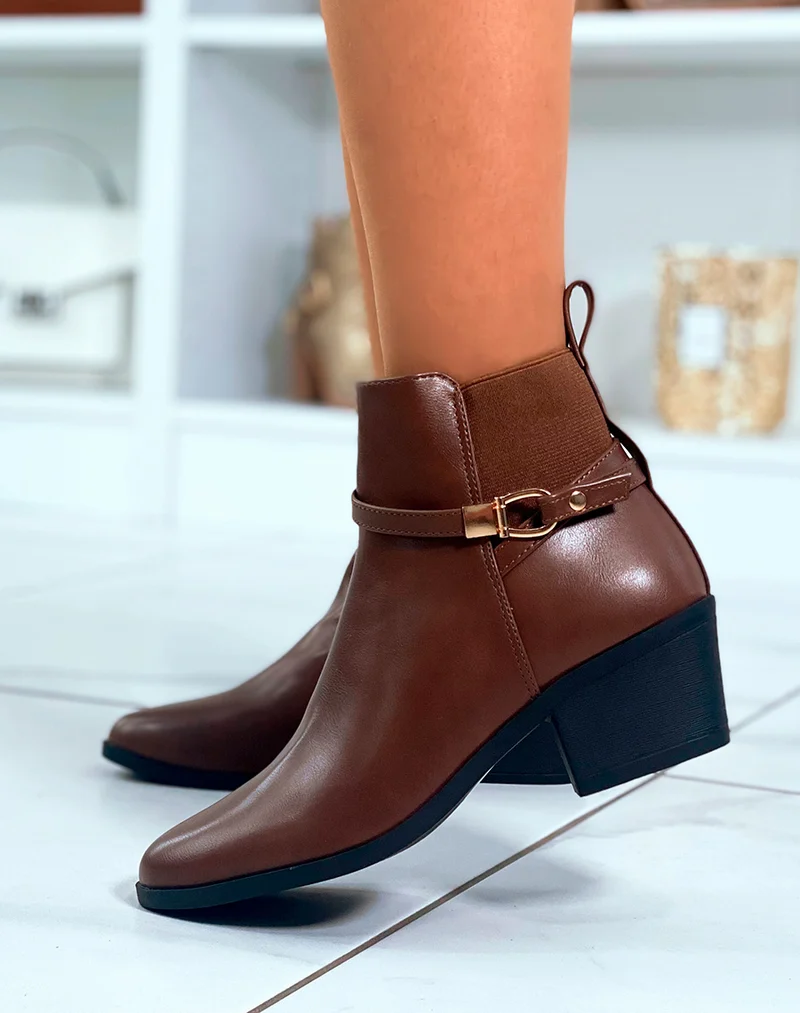 BOTTINES BI-MATIÈRE MARRON À TALONS MOYEN