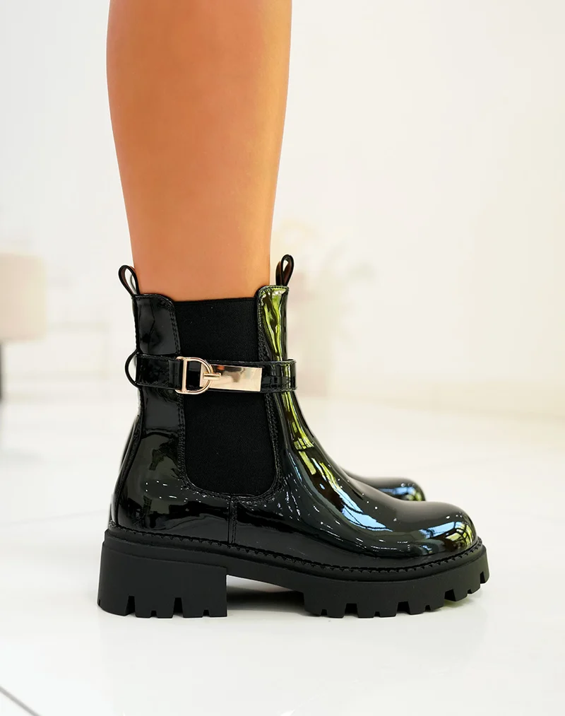 BOTTINES NOIRES VERNIES STYLE CHELSEA ? LANI?RES DOR?ES POUR FEMME