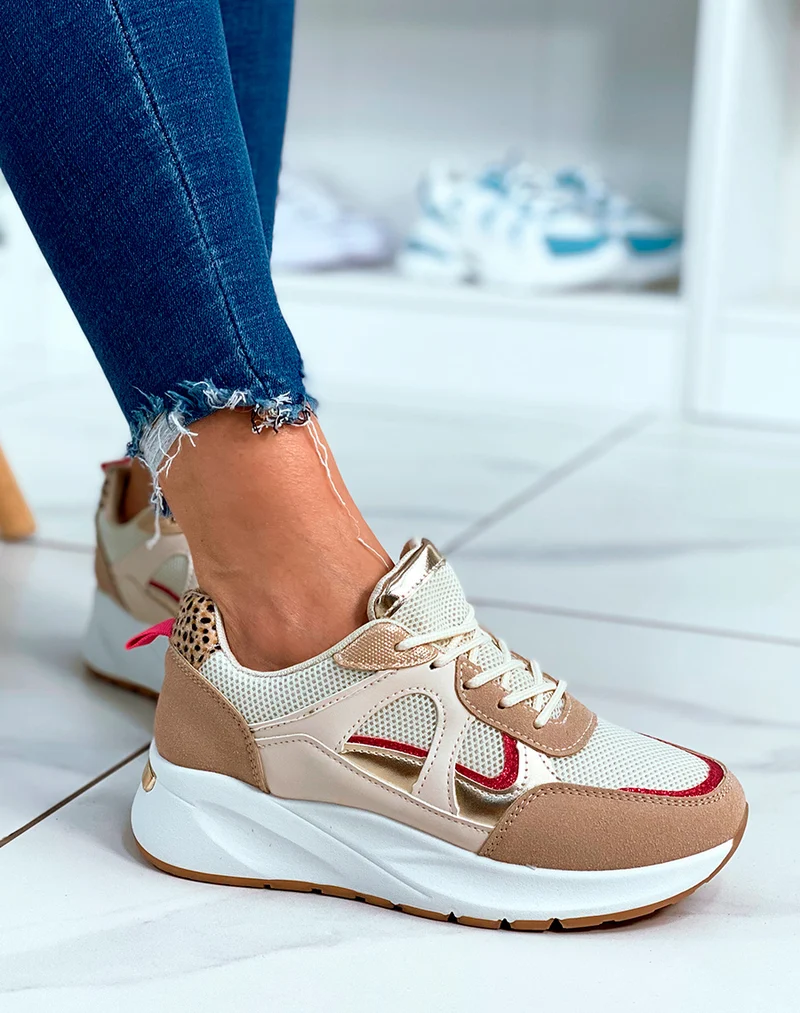 Baskets beige à lacets avec détails paillettes et empiècements beige