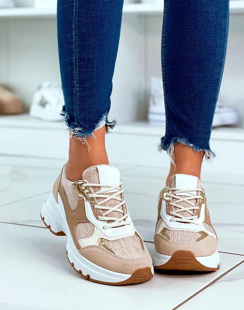 Baskets beige à lacets avec détails tissus et dorés