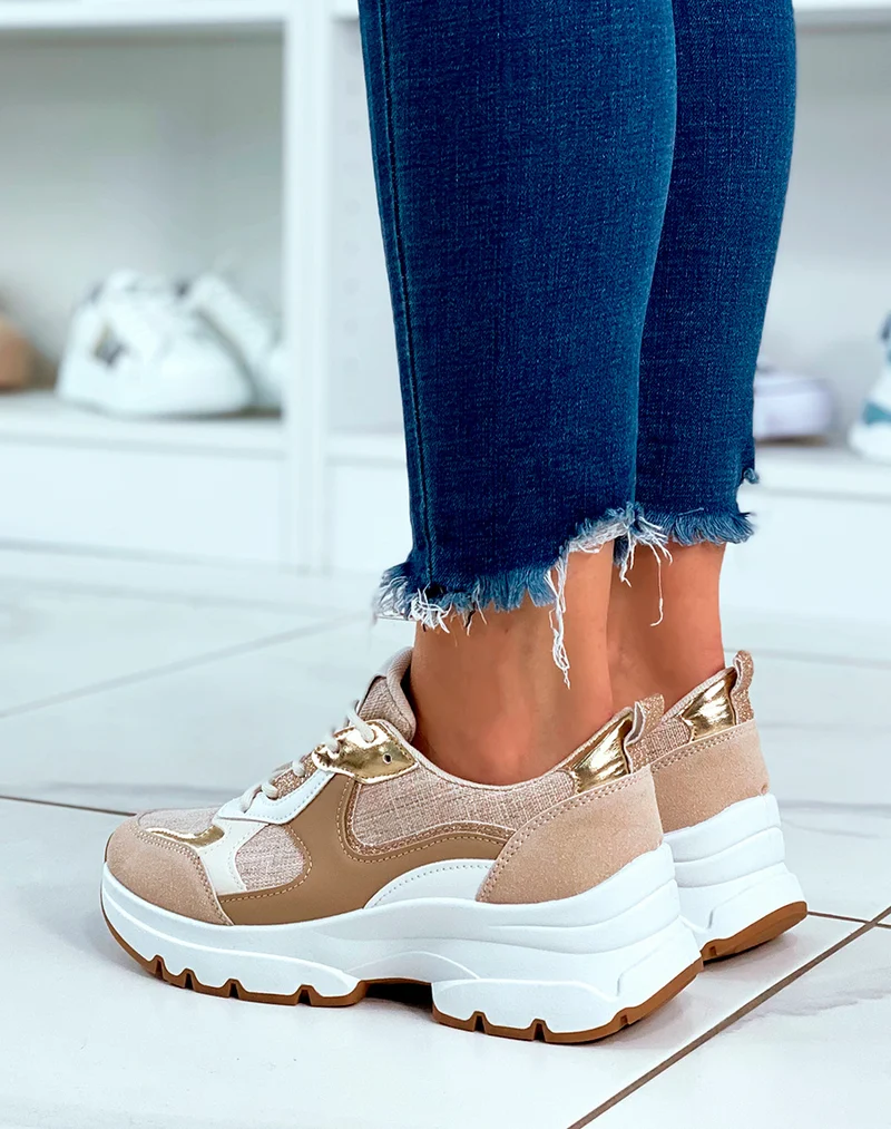 Baskets beige à lacets avec détails tissus et dorés