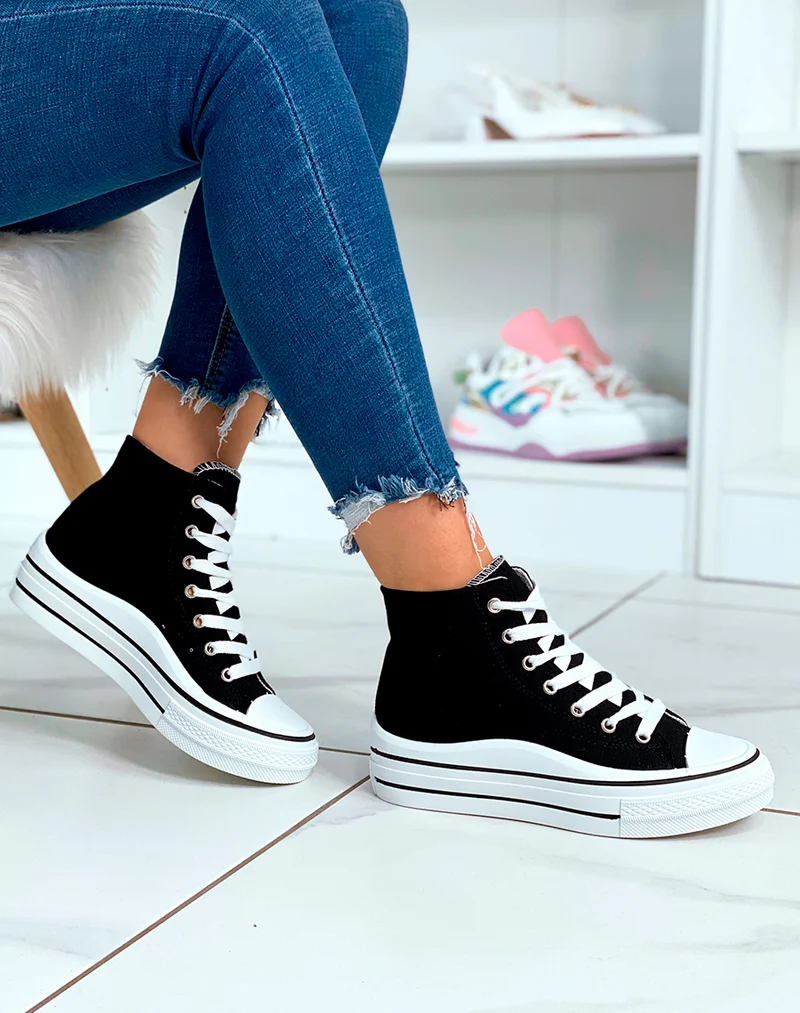 Baskets montantes noires à lacet avec plateforme pour femme