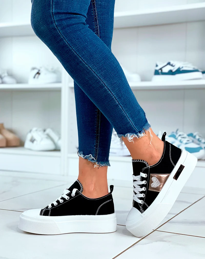 Baskets noires basses à lacets avec plateforme épaisse et détail