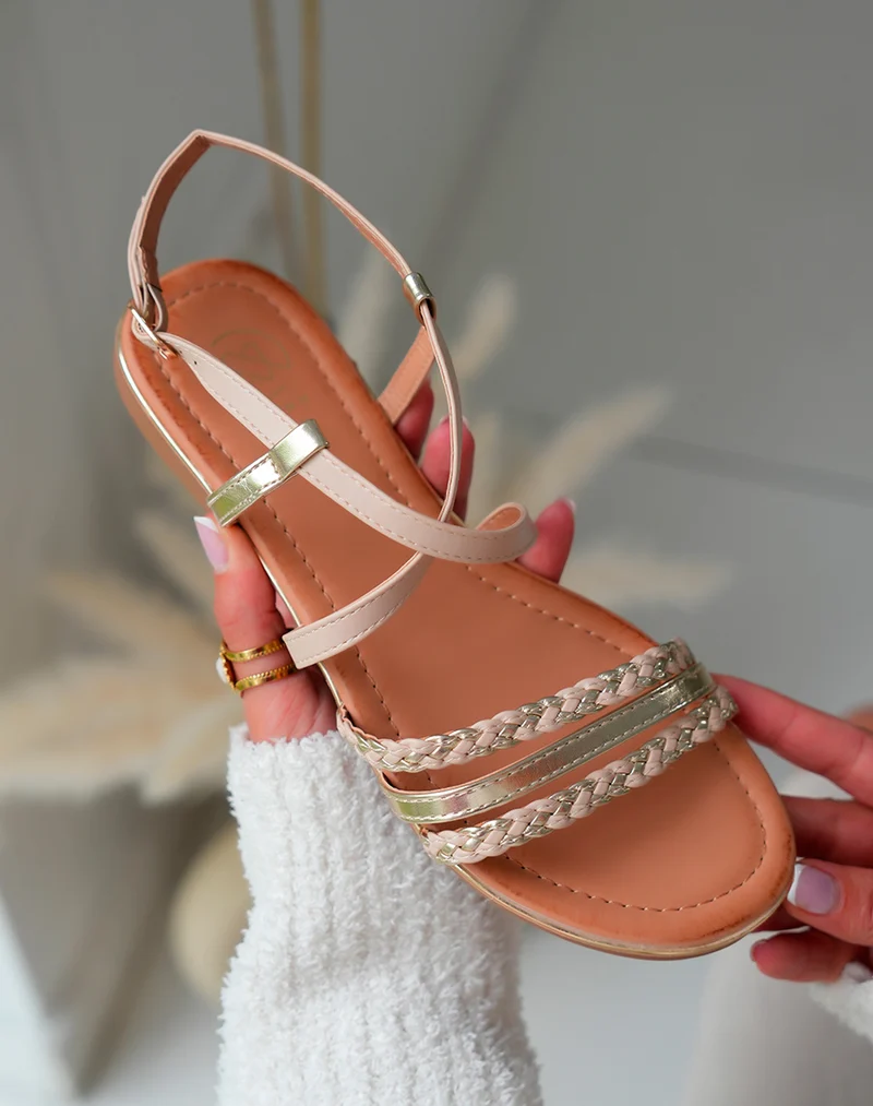 Sandales beige Femme à multiples brides à détail dorée et corde