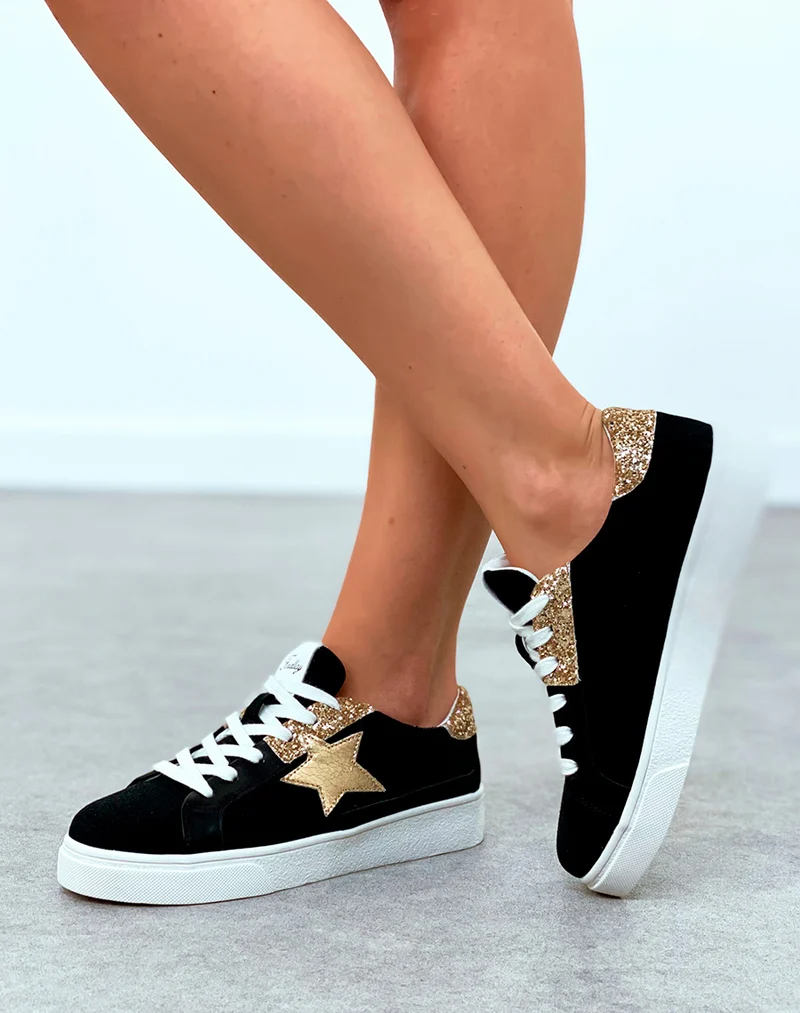 Baskets femme noires à lacets à détail étoile dorée et paillettes