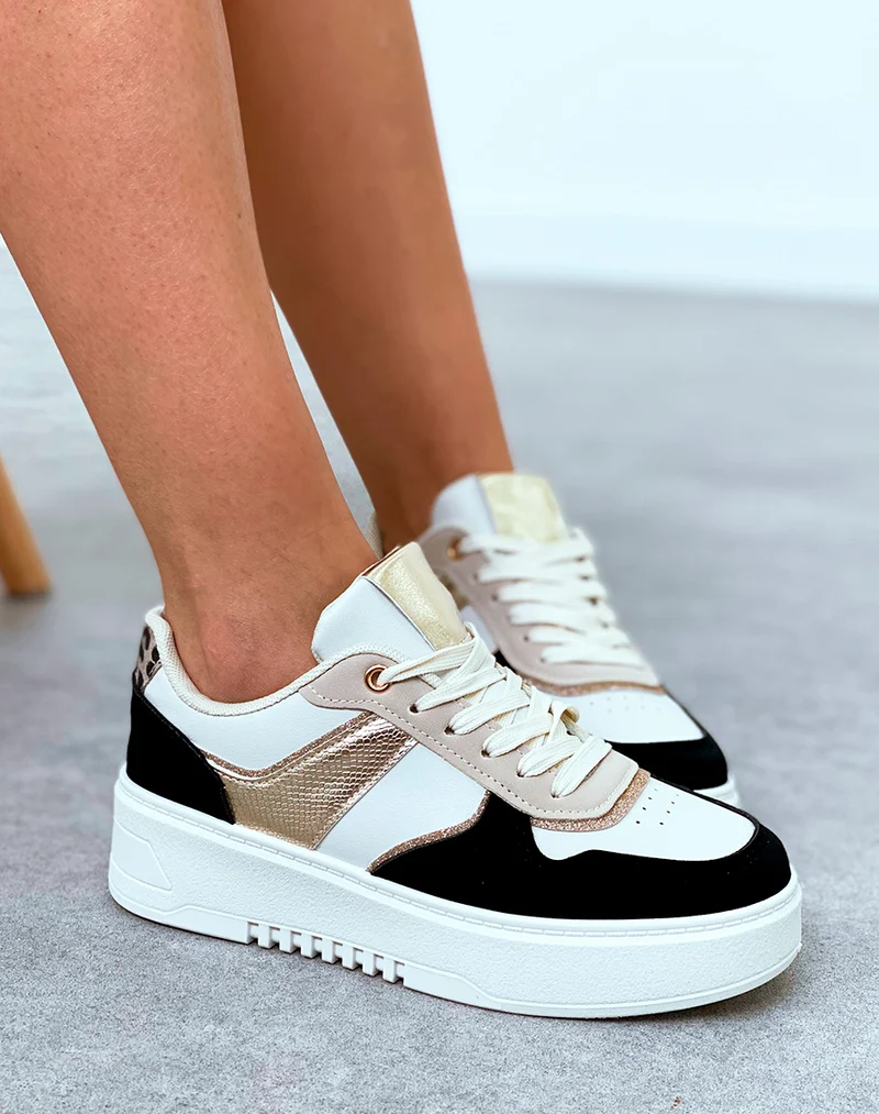 Baskets femme bi-couleurs noires à empiècements et détail léopard