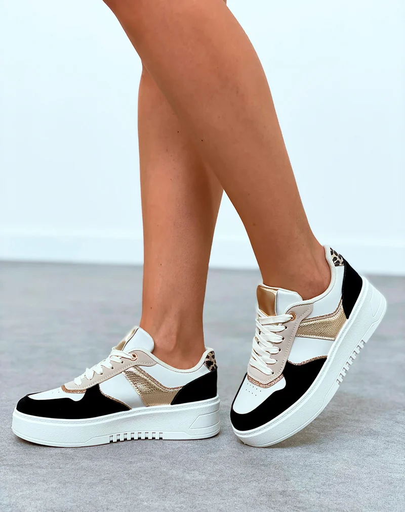 Baskets femme bi-couleurs noires à empiècements et détail léopard
