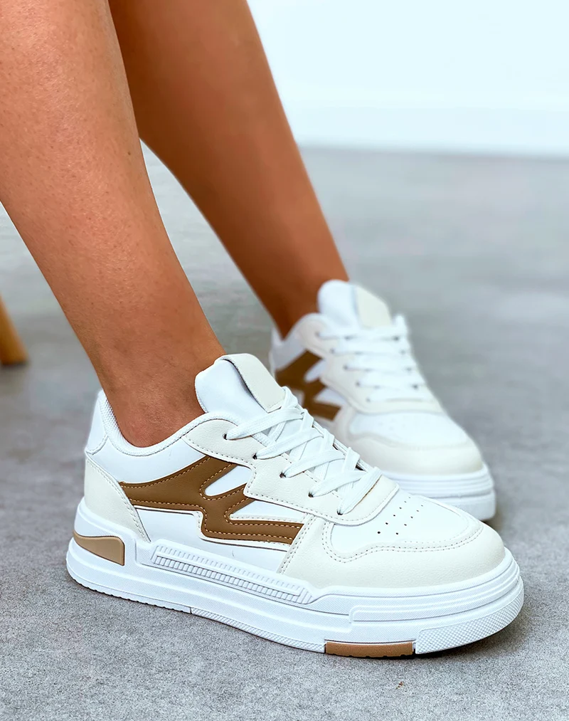 Baskets femme bi-couleurs beige foncé et blanche à lacets