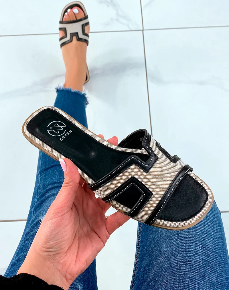 MULES NOIRES BI-MATIÈRE ET FORME EN H