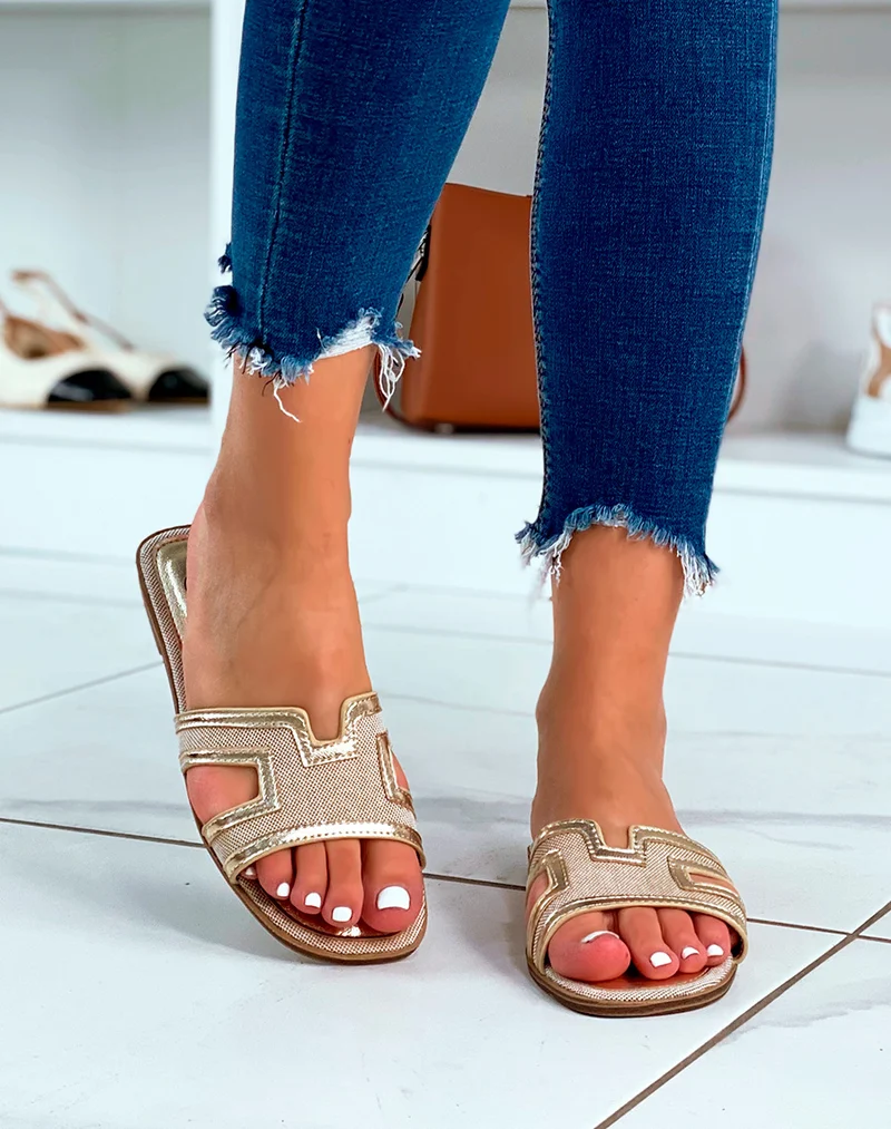 MULES DORÉES BI-MATIÈRE ET FORME EN H