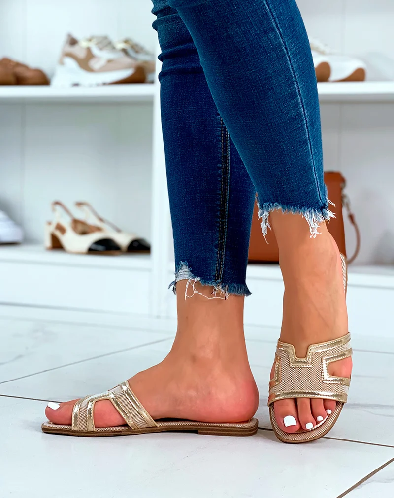 MULES DORÉES BI-MATIÈRE ET FORME EN H