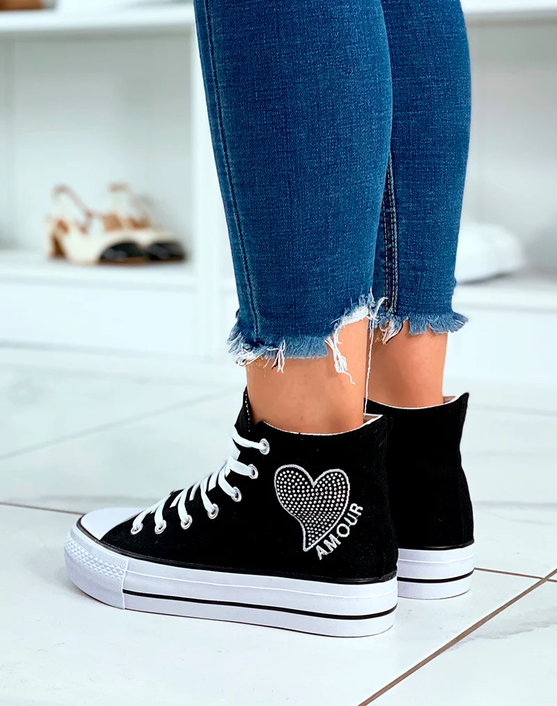 Baskets montantes noires à lacets avec détail strass et inscription