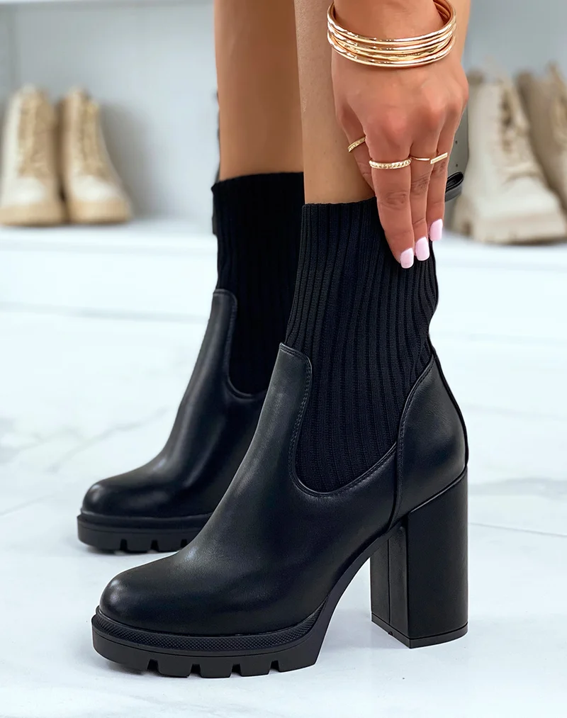 Bottines noires effet chaussette à talon