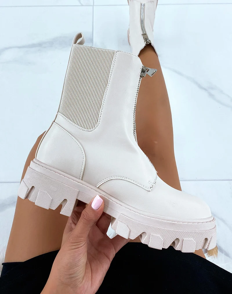 Bottines beiges montantes zipées