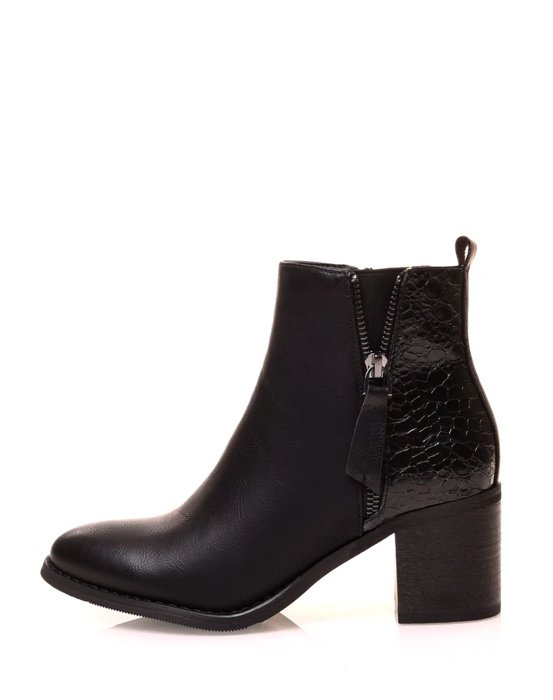 Bottines noires à talons carrés bi-matières effet croco