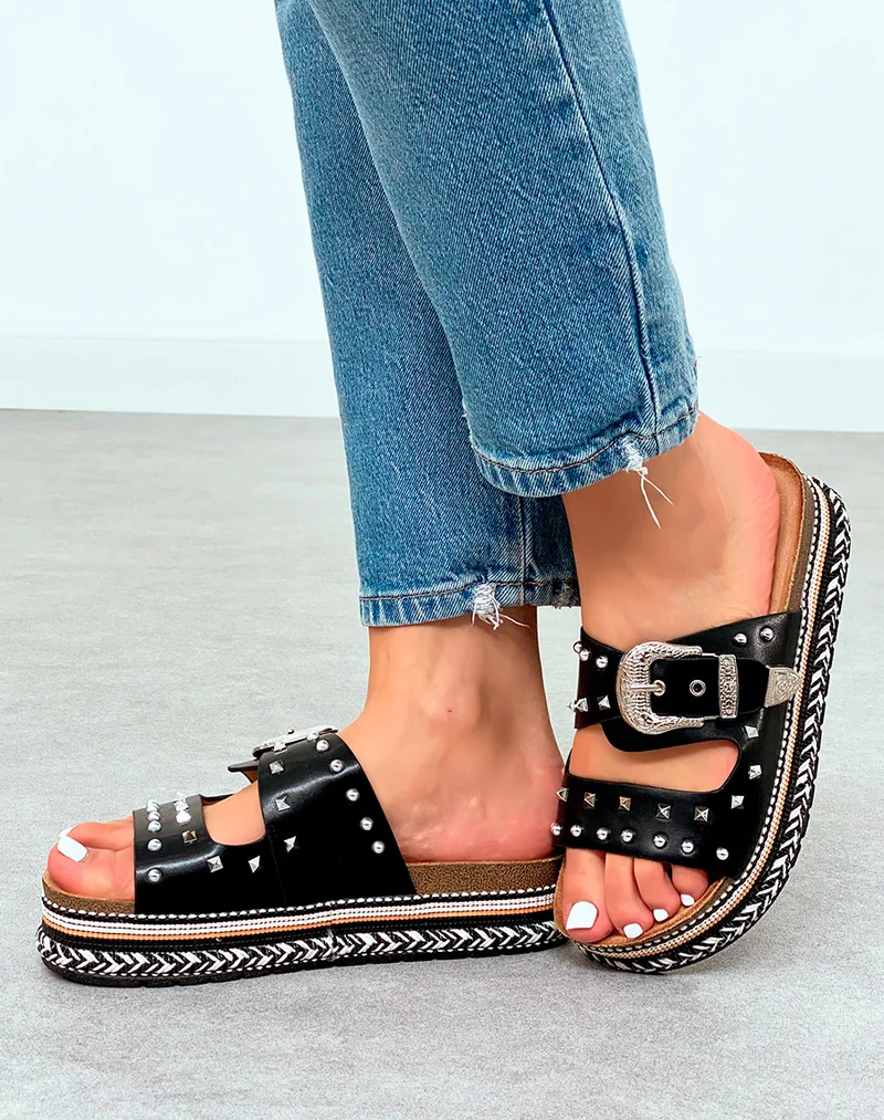 Mules Femme Noires Cloutées à Plateforme Tissée Noir et Blanc