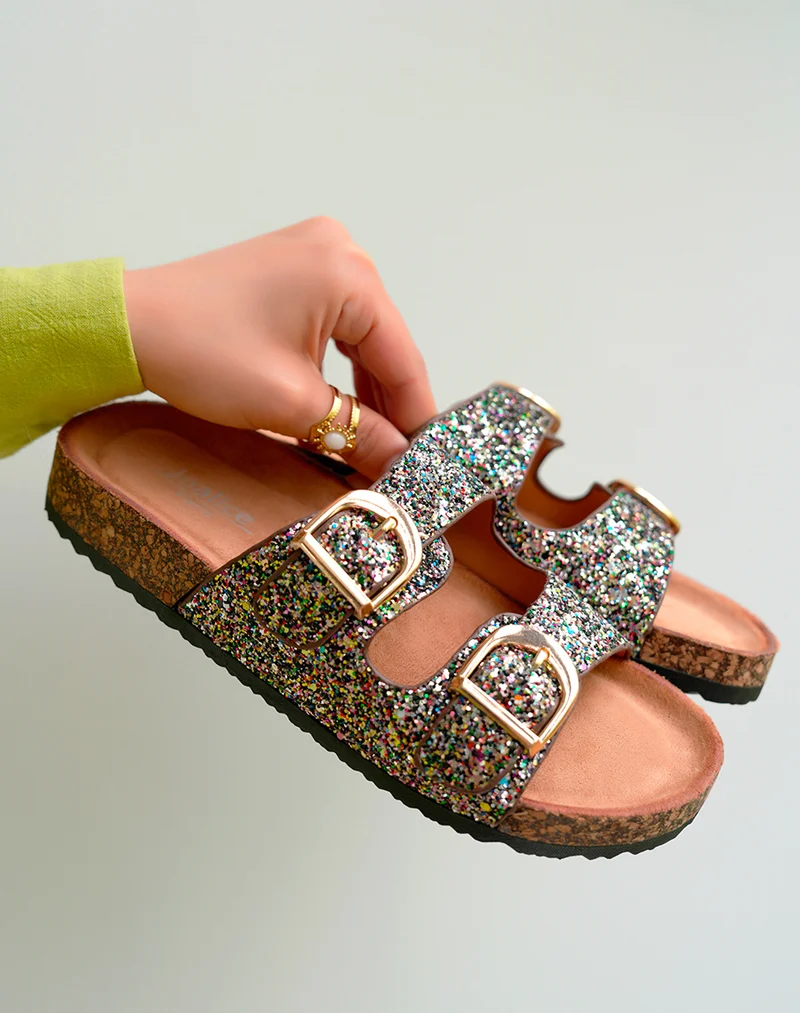 Mules Femme Noires Paillettes Multicolores et Semelle Liège Confort