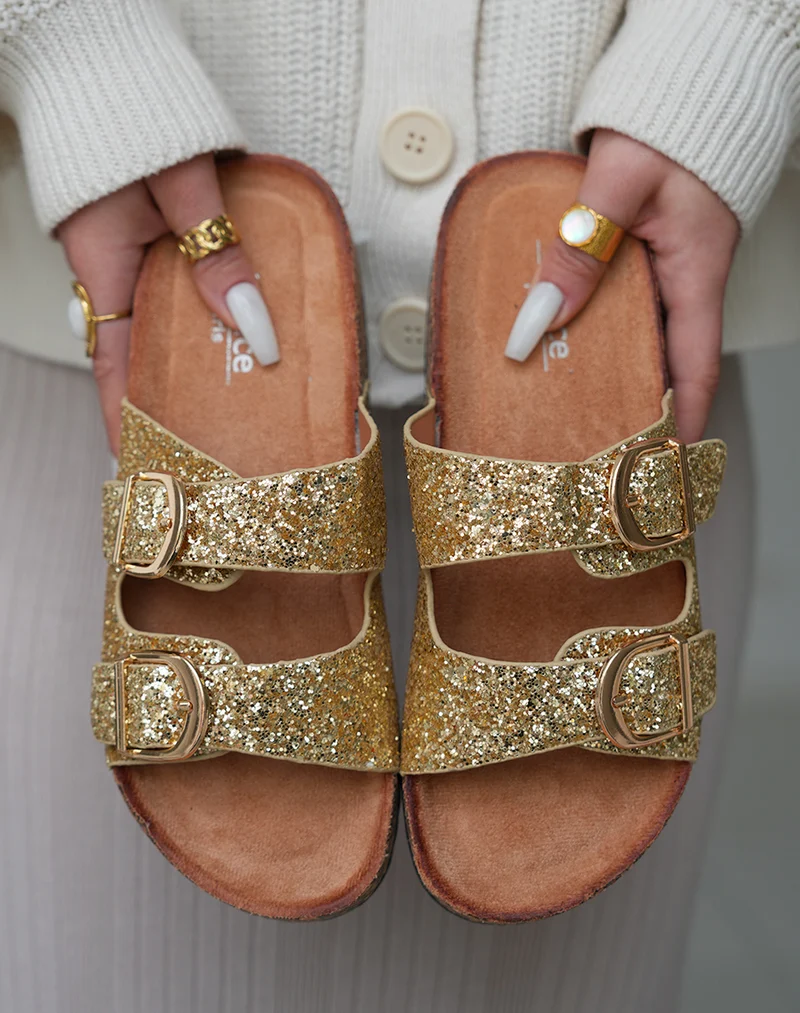 Sandales Mules Femme Dorées Pailletées avec Semelle Confort
