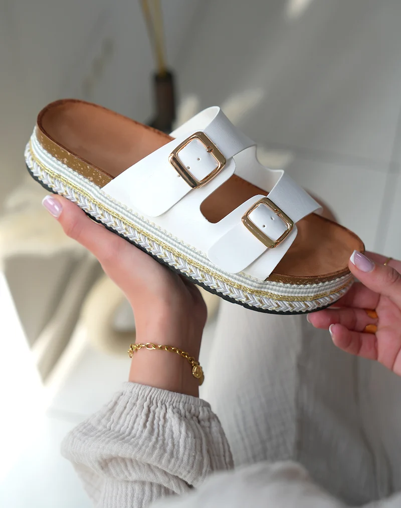 Sandales Plateforme Femme Blanches Tendance à Double Sangle Dorée