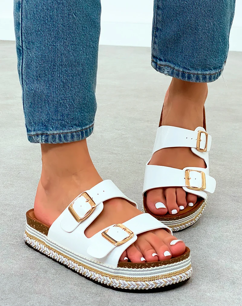 Sandales Plateforme Femme Blanches Tendance à Double Sangle Dorée