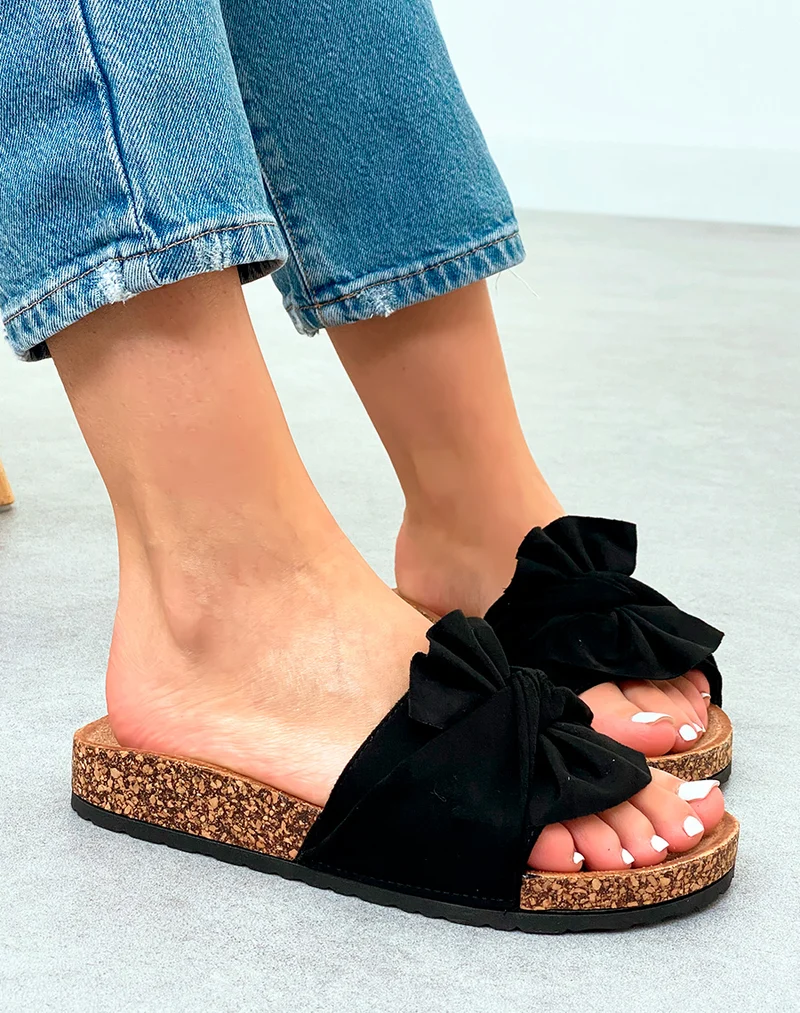 Mules en Suédine Noire avec Noeud Décoratif et Semelle Épaisse Marron pour Femme