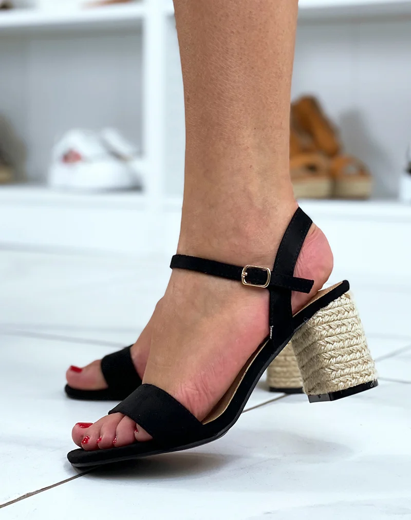 Sandales noires en suédine à talon en jute