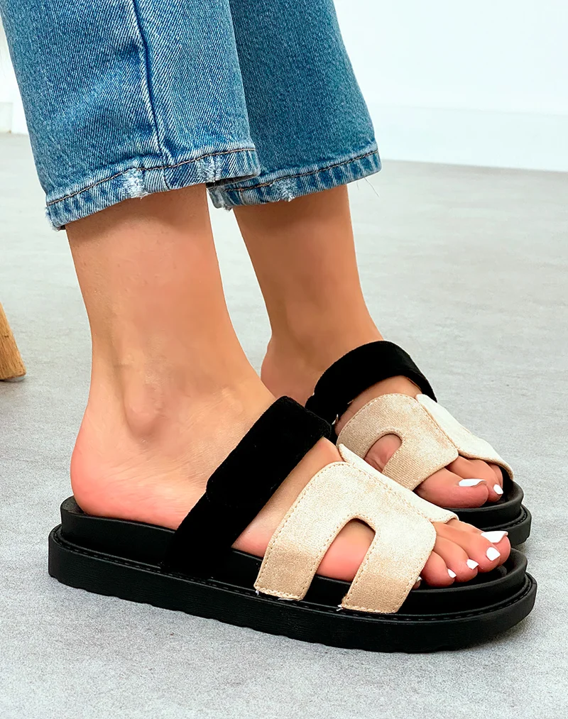 Mules Suédine Beige Modernes avec Bride en H et Fermeture Scratch – Confort et Style