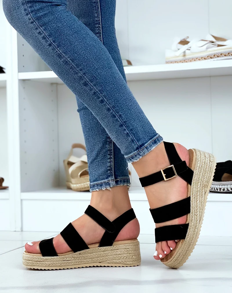 Sandales compensées noires à double brides épaisses et semelle en toile de jute