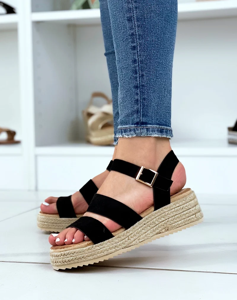 Sandales compensées noires à double brides épaisses et semelle en toile de jute