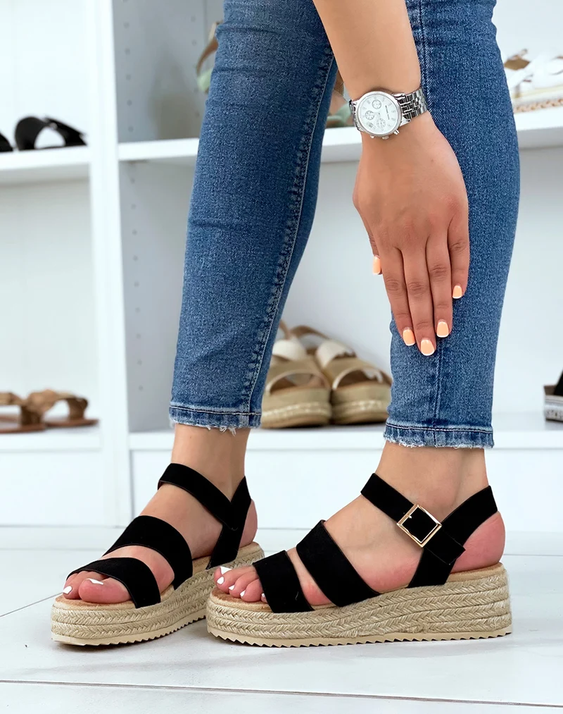 Sandales compensées noires à double brides épaisses et semelle en toile de jute