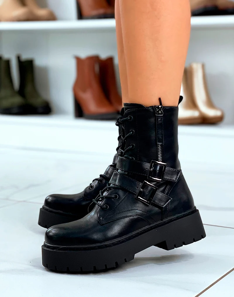 Bottines Femme Noires Montantes ? Lacet ? Double Lani?res
