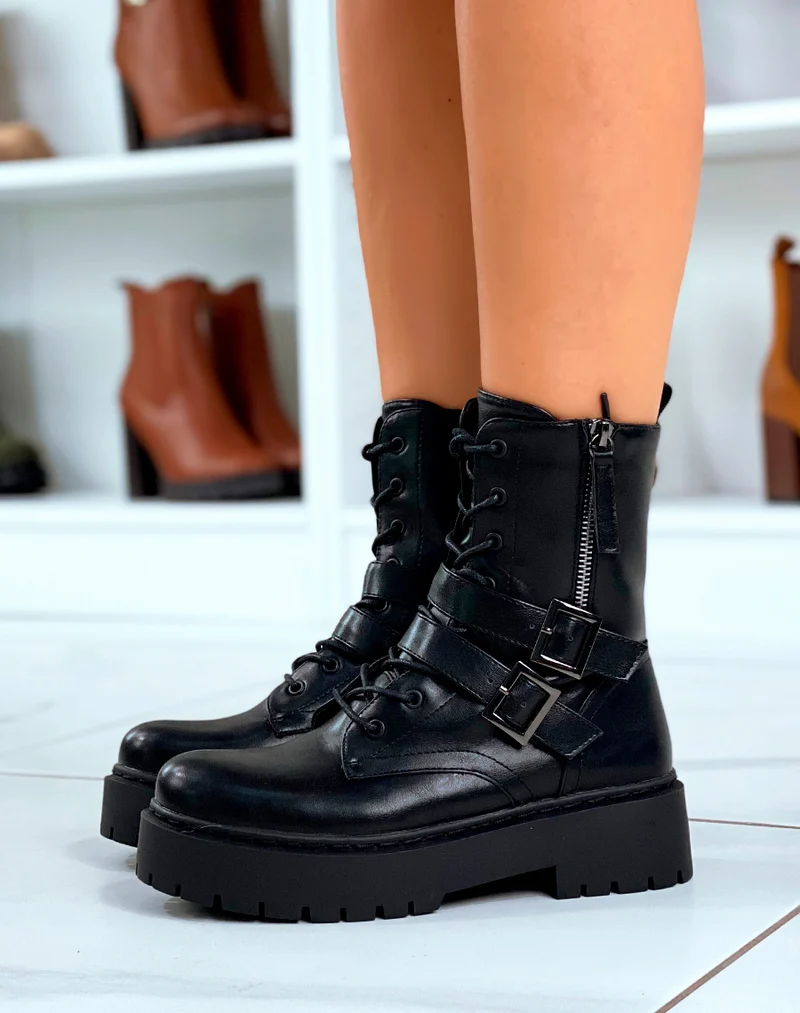 Bottines Femme Noires Montantes ? Lacet ? Double Lani?res