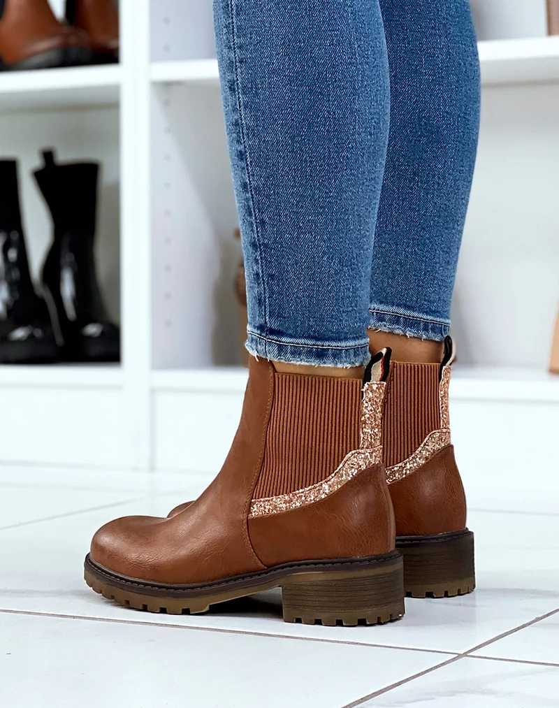 Bottines camel à élastique pailleté