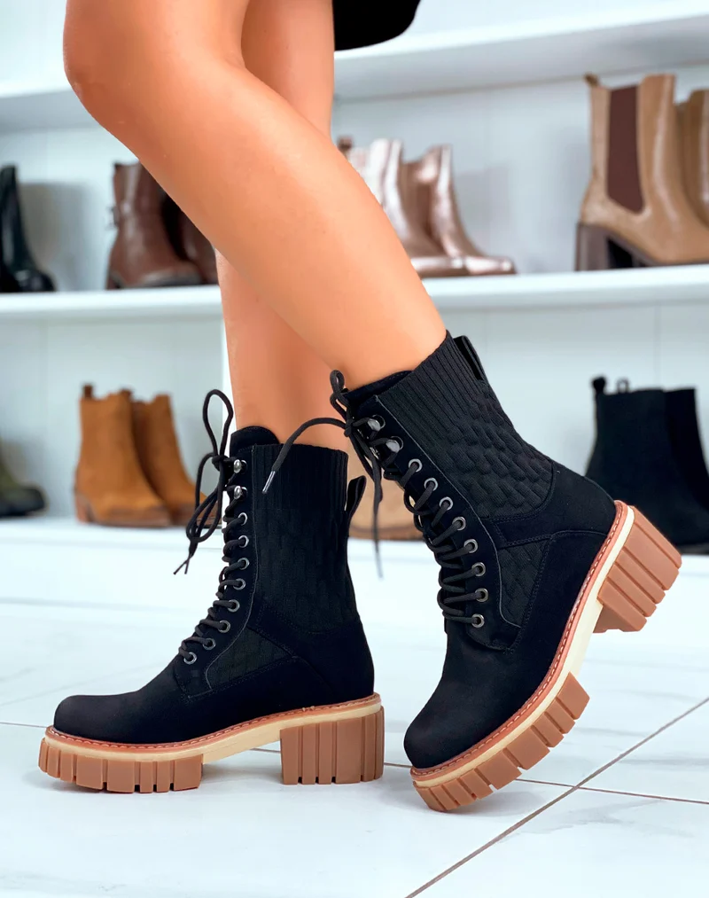 Bottines Noires Montantes à Lacets Effet Chaussette